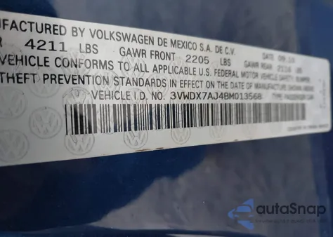 2011 Volkswagen Jetta 2.5L Se из США, поврежденный, VIN 3VWDX7AJ4BM013568